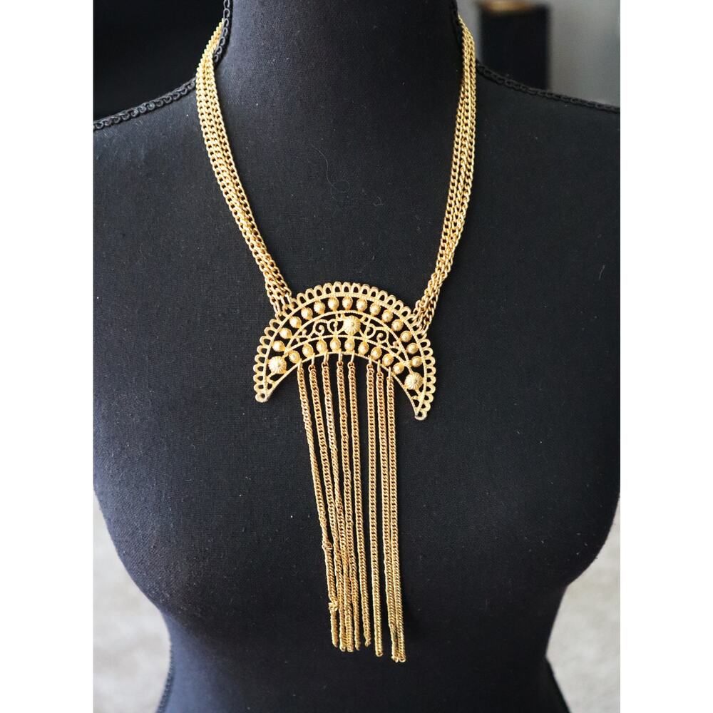 Vintage Gold Tone Half Circle Moon Pendant Long Fringe Large Statement Boho Mod